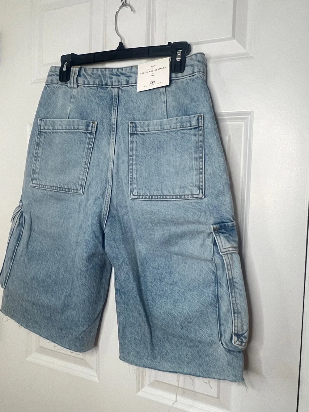 Zara Light Blue Denim Cargo Shorts with Utility Pockets - Picture 7 of 9